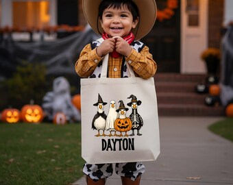 Personalized Spooky Geese Halloween Trick or Treat Canvas Tote Bag | Custom Candy Bag