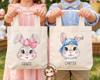 Personalized Cute Boy and Girl Bunny Easter Tote Bag | Kids Egg Hunt Treat Bag