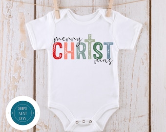 Merry Christmas Cross Baby Onesie® | Custom Religious Holiday Tshirt | Cute Christmas Onesie® | Holiday Baby Gift