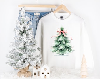 Coquette Christmas Tree Pink Bow Sweatshirt | Girly Christmas Tshirt | Cute Trendy Youth through Adult Sweatshirt | Gift for Her