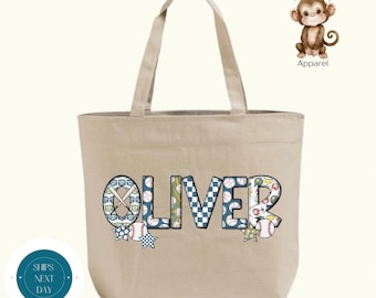 Personalized Baseball Doodle Name Zippered XL Tote Bag | Custom Baseball Boys Name Cotton Canvas Tote Bag | Overnight Sleepover Bag
