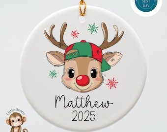 Personalized Boy Reindeer Christmas Ornament: Ceramic Keepsake Gift