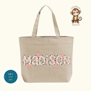 Personalized Pink Flowers Name Tote Bag: XL Zippered Cotton Canvas