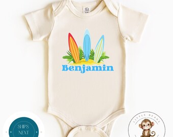 Surfboard Name Personalized Onesie® | Baby Shower Gift | Personalized Name Tshirt |  Beach Onesie®