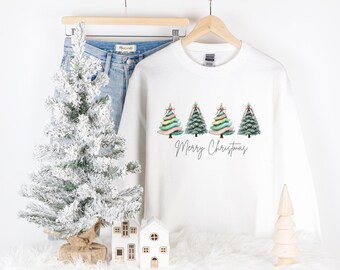 Merry Christmas Coquette Trees Cotton Candy Sweatshirt | Girly Christmas Tshirt | Cute Trendy Youth through Adult Sweatshirt | Gift for Her