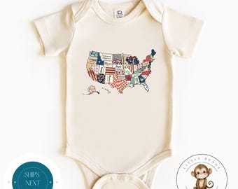 Retro Patchwork USA Map Baby Onesie®  | 4th of July Baby Shirt | Cute Kids Gift | Summer Shirt | Red White and Blue Party