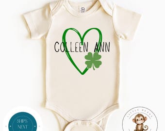 St Patricks Day Heart Personalized Name Baby Onesie® Natural | Custom St Patricks Kids Tshirt | Irish Baby Outfit