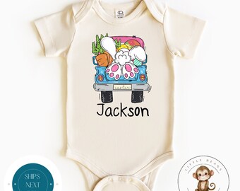 Blue Bunny Truck Personalized Baby Onesie® | Cute Easter Name Onesie® | Custom Easter Kids Tshirt | Easter Bunny Gift