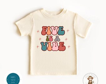 Five is a Vibe Birthday Natural Kids Tshirt | Custom Fifth Birthday Kids Tshirt | Retro Five is a Vibe Tee