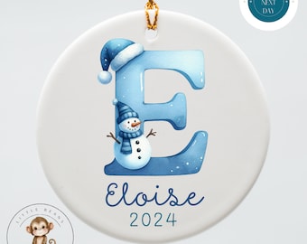 Snowman Blue Initial Personalized Christmas Ornament | Yearly Name Ornament Kids Gift | Keepsake Holiday Ornament