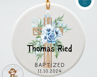 Personalized Baptism Boys Flower Cross Ornament | Baby Christening Ceramic Ornament | Baby Shower Gift | New Baby Religious Ornament