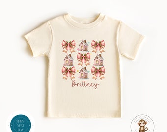 Coquette Gingerbread House Bows Personalized Christmas Kids Tshirt | Custom Holiday Baby Onesie® |Christmas Onesie® | Holiday Baby Gift