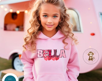 Personalized Kids Valentine Name Hearts Pink Hoodie | Custom Valentine Kids Sweatshirt | Custom Valentine Name Sweater | Valentine Kid Gift