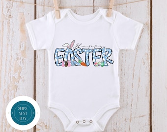Happy Easter Blue Custom Baby Onesie® | Cute Easter Doodle Letters Kids Tshirt | Easter Bunny Present