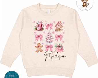 Coquette Gingerbread House Pink Bows Personalized Christmas Kids Tshirt | Girly Custom Holiday Baby Onesie® | Holiday Baby Gift