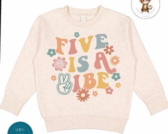 Five is a Vibe Birthday Toddler Sweatshirt | Vintage Natural Heathered Crewneck | Girls Fifth Birthday Toddler Tshirt