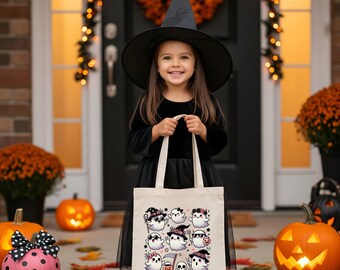 Personalized Cute Ghosts Halloween Trick or Treat Canvas Tote Bag | Custom Candy Bag
