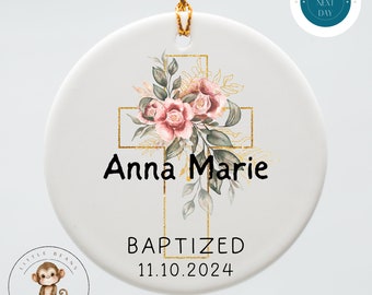 Personalized Baptism Girls Flower Cross Ornament | Baby Christening Ceramic Ornament | Baby Shower Gift | New Baby Religious Ornament