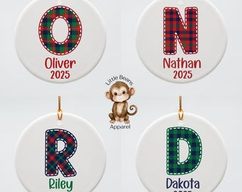 Boys Personalized Plaid Ceramic Christmas Ornament | Choose Your Design | Sibling Cousin Ornaments