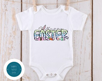 Happy Easter Custom Gingham Baby Onesie® | Cute Doodle Letters Easter Kids Tshirt | Easter Bunny Present