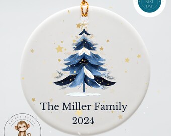 Family Blue Tree Year Personalized Christmas Ornament | Yearly Name Ornament Gift | Keepsake Holiday Ornament