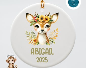 Personalized Cottage Deer Christmas Ornament | Girls Holiday Ceramic Ornament