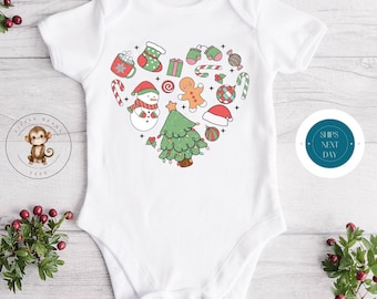 Christmas Heart Holiday Onesie® | Custom Kids Tshirt | Funny Christmas Onesie® | Holiday Baby Gift | Christmas Retro Onesie®