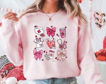 Coquette Nurse Grid Valentine Sweatshirt | Nursing Valentine's Day Shirt | Valentine Gift for Favorite Nurse | Valentine Crewneck
