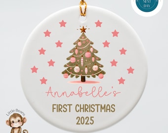 Pink Tree Personalized First Christmas Ornament | Year and Name Ornament Kids Gift | Keepsake Holiday Ornament