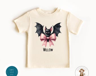 Personalized Halloween Bat Shirt: Pink Bow, Girly Party, Kids