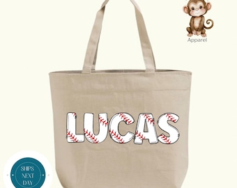 Personalized Baseball Name Zippered XL Tote Bag | Custom Baseball Cotton Canvas Tote Bag | Overnight Bag | Sports Bag | Gift Sports Kid