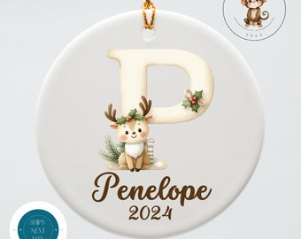 Woodland Animal Initial Personalized Christmas Ornament | Yearly Name Ornament Kids Gift | Keepsake Holiday Ornament