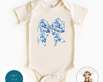 Coquette Blue Toile Christmas Baby Onesie® | Custom Toile Bow Tshirt | Cute Christmas Baby Gift | Holiday Baby Gift