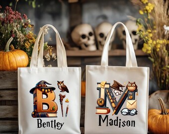 Personalized Wizard Halloween Trick or Treat Canvas Tote Bag | Magic Theme Custom Candy Bag