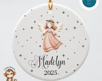 Angel Personalized Kids Ceramic Christmas Ornament | Yearly Name Ornament Kids Gift | Keepsake Holiday Ornament