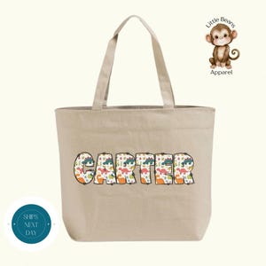 Grand sac fourre-tout zippé personnalisé avec nom de dinosaure | Sac fourre-tout en toile de coton Dino personnalisé | Sac de voyage de sport scolaire