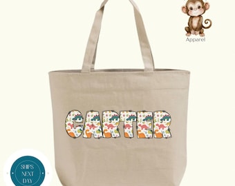 Personalized Dinosaur Name Zippered XL Tote Bag | Custom Dino Name Cotton Canvas Tote Bag | School Sports Overnight Bag