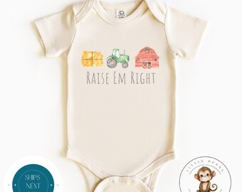 Raise Em Right Farm Onesie® | Tractor Barn Onesie® | Kids Farm Tshirt | Baby Shower Gift
