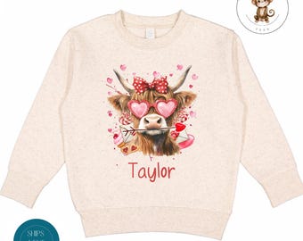 Highland Cow Personalized Valentine Kids Sweatshirt | Girls Custom Valentines Day Tshirt | Custom Baby Onesie® | Valentine Outfit