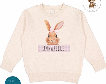 Girl Bunny Personalized Easter Toddler Sweatshirt | Vintage Natural Heathered Crewneck | Cute Easter Toddler Tshirt