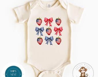 Coquette Strawberries 4th of July Baby Onesie® | Summer Holiday Baby Bodysuit | Cute 4th of July Outfit