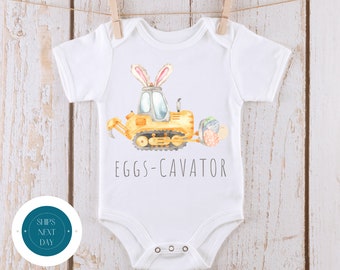 Easter Eggs Cavator Tractor Cute Baby Onesie® | Cute Easter Kids Tshirt | Easter Bunny Gift Onesie®