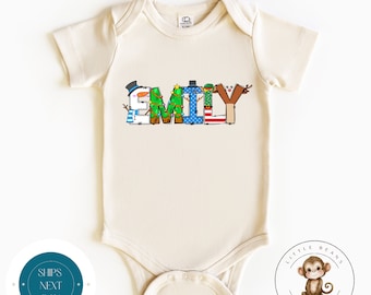 Personalized Christmas Name Doodle Onesie® | Custom Holiday Name Kids Tshirt | Natural Baby Christmas Onesie® | Holiday Baby Gift
