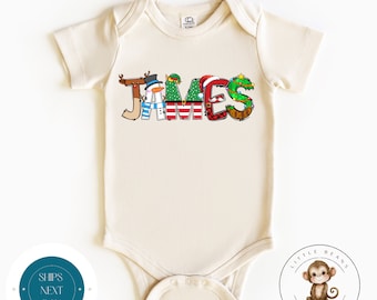 Christmas Custom Name Doodle Onesie® | Custom Holiday Natural Name Kids Tshirt | Cute Baby Christmas Onesie® | Holiday Baby Gift