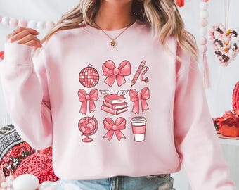 Womens Coquette Coffee Bows Valentine Sweatshirt | Valentine's Day Shirt | Valentine Gift for her | Pink Valentine Crewneck
