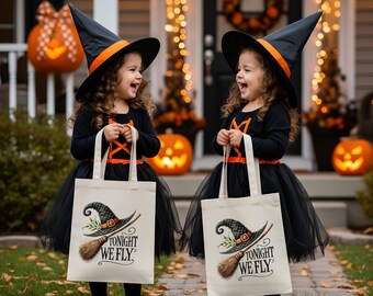 Tonight We Fly Halloween Trick or Treat Canvas Tote Bag | Custom Candy Bag