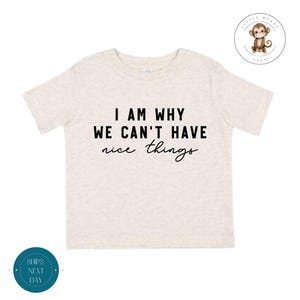 May include: A beige t-shirt with the text "I am why we can't have nice things" printed in black.