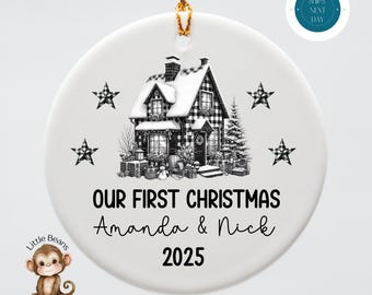 Personalized Vintage Christmas Ornament | Black and White House Holiday Ceramic Ornament