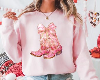 Coquette Pink Cowgirl Boots Sweatshirt | Valentine's Day Shirt | Valentine Gift for Her | Valentine Crewneck