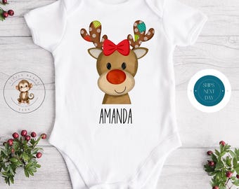 Girl Reindeer Personalized Christmas Baby Onesie® | Custom Boys Tshirt | Cute Christmas Onesie® | Holiday Baby Gift | Christmas Name Onesie®